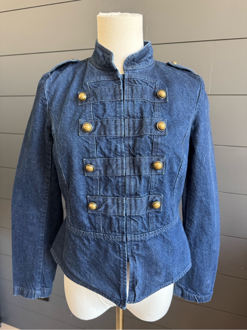 Banana Republic Blue Military-Style Denim Jacket with Brass Buttons Tailored
